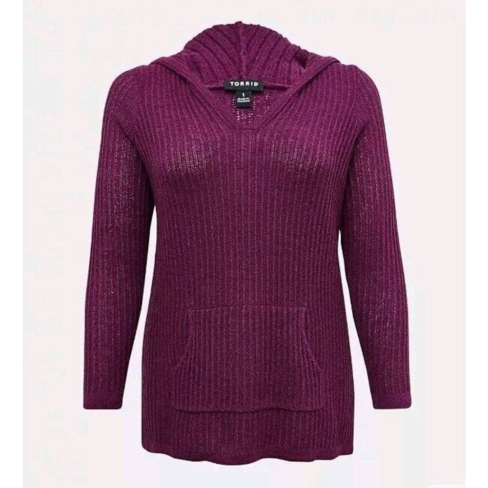 Torrid Ribbed Pullover Hooded Tunic Sweater Purple V-Neck Sz 00 M/L 10 - New